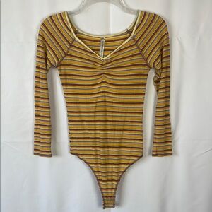 Free People Yellow, Orange and Brown Bodysuit with Ruched V-Neck - Size XS